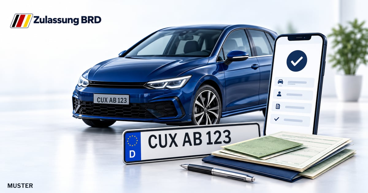 Online Fahrzeugzulassung in Cuxhaven: Musterkennzeichen CUX AB 123, Auto und Fahrzeugpapiere und Smartphone. Illustration mit Logo von Zulassung BRD.